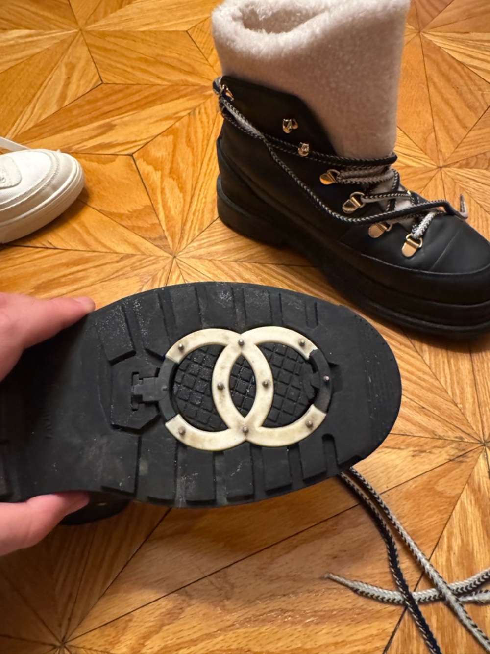 Chanel Black and Shearling-Trim Lace-Up Winter Snow Boots - Picture 10 of 16